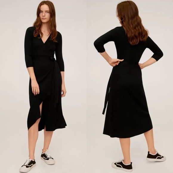 Mango Wrap Ribbed Sweater Midi Dress in Black  - MEDIUM NWT - Picture 1 of 14